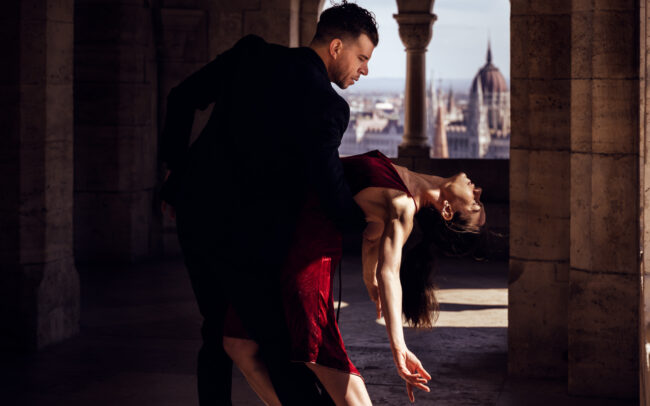 Tango Místico, Judit & Lucas, doing some tango poses in the Fisherman's Bastion, in Budapest. April 2021