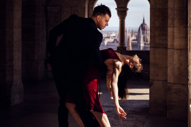 Tango Místico, Judit & Lucas, doing some tango poses in the Fisherman's Bastion, in Budapest. April 2021
